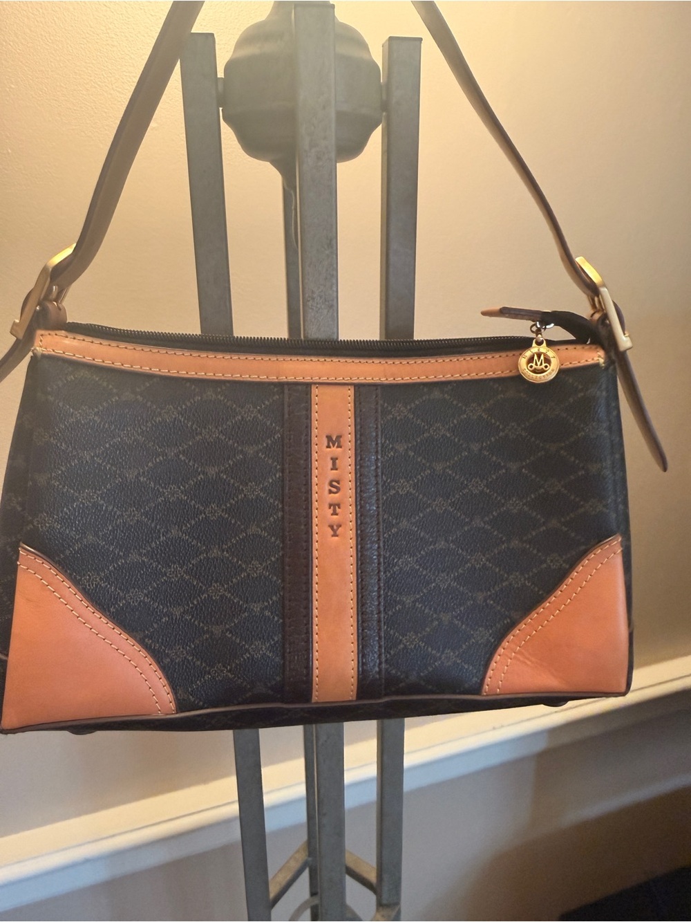 Misty Black Monogram Crossbody with Tan Trim and Gold Charm